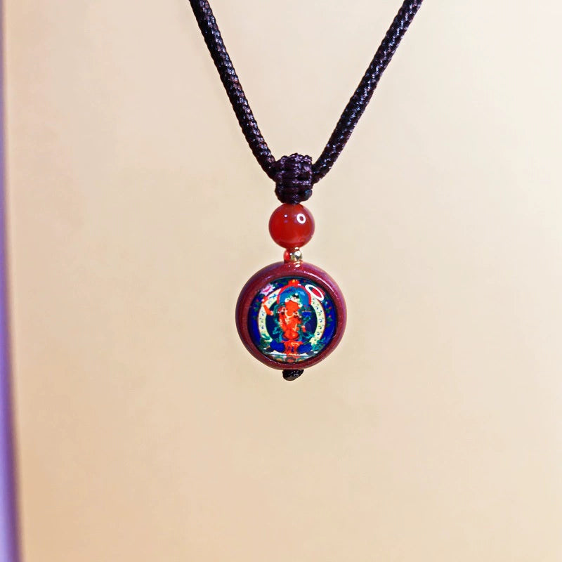 High-Content Purple Gold Sand Cinnabar Manjushri Bodhisattva Double-Sided Thangka Pendant Necklace