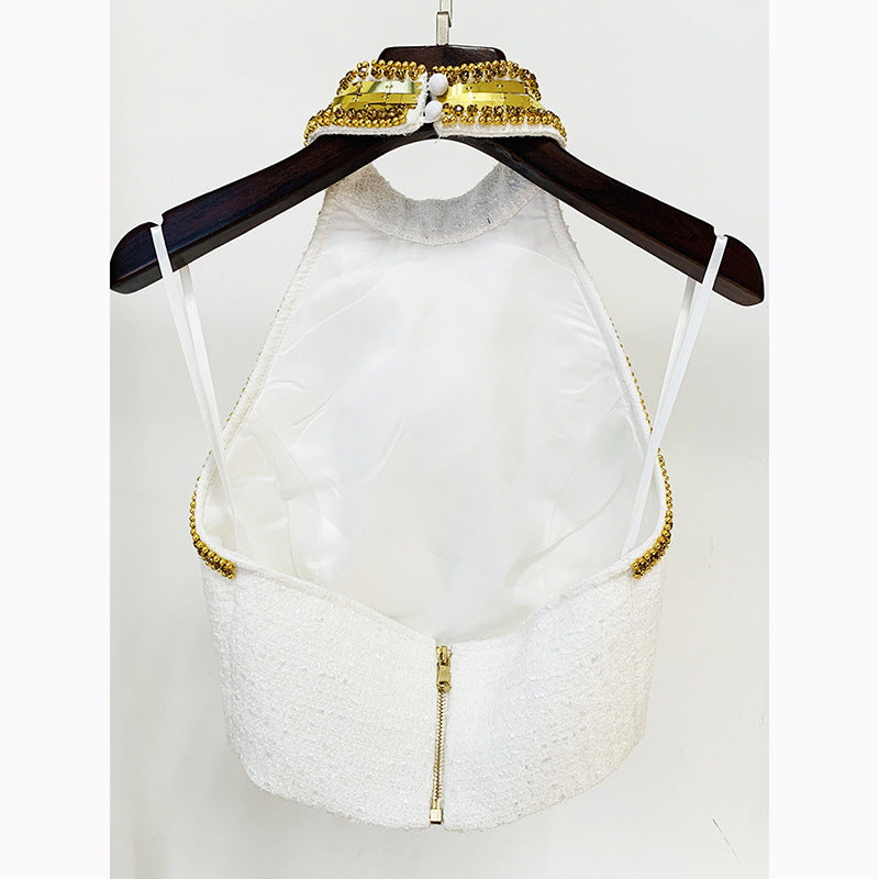 Fashionable Beaded Sequin Halter Neck Top And Mini Skirt Set
