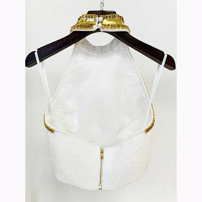 Fashionable Beaded Sequin Halter Neck Top And Mini Skirt Set