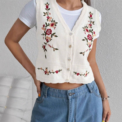 Floral Embroidery V-Neck Knit Sweater Vest