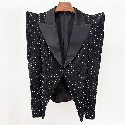 Unique Shoulder Pad Fitted Blazer And Pearl Embellished Skirt Set