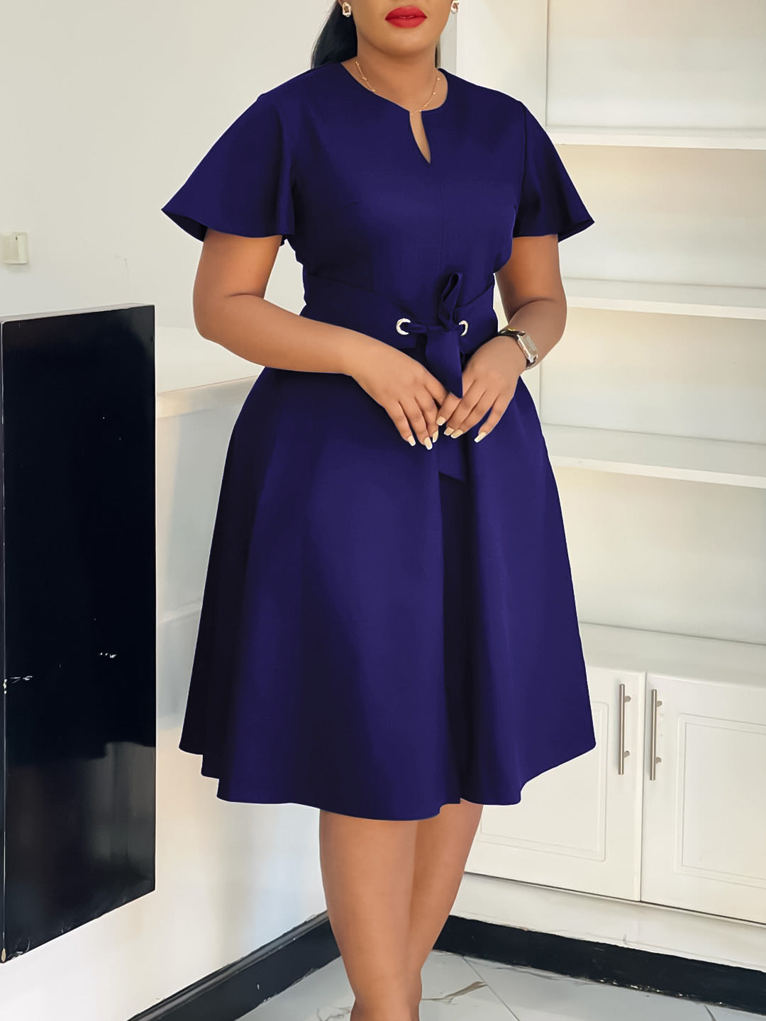 Elegant Solid Color V-Neck A-Line Dress With Tie Detail