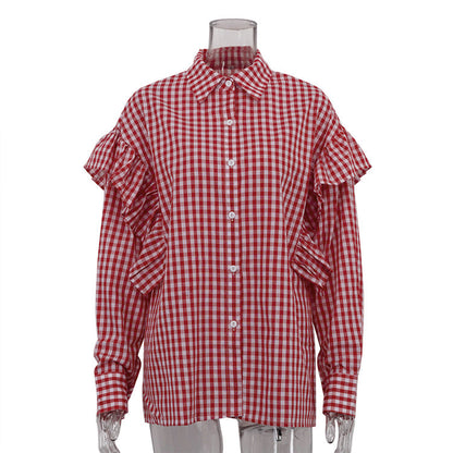 Cotton Plaid Women's Shirt With Ruffle Collar Casual Cardigan