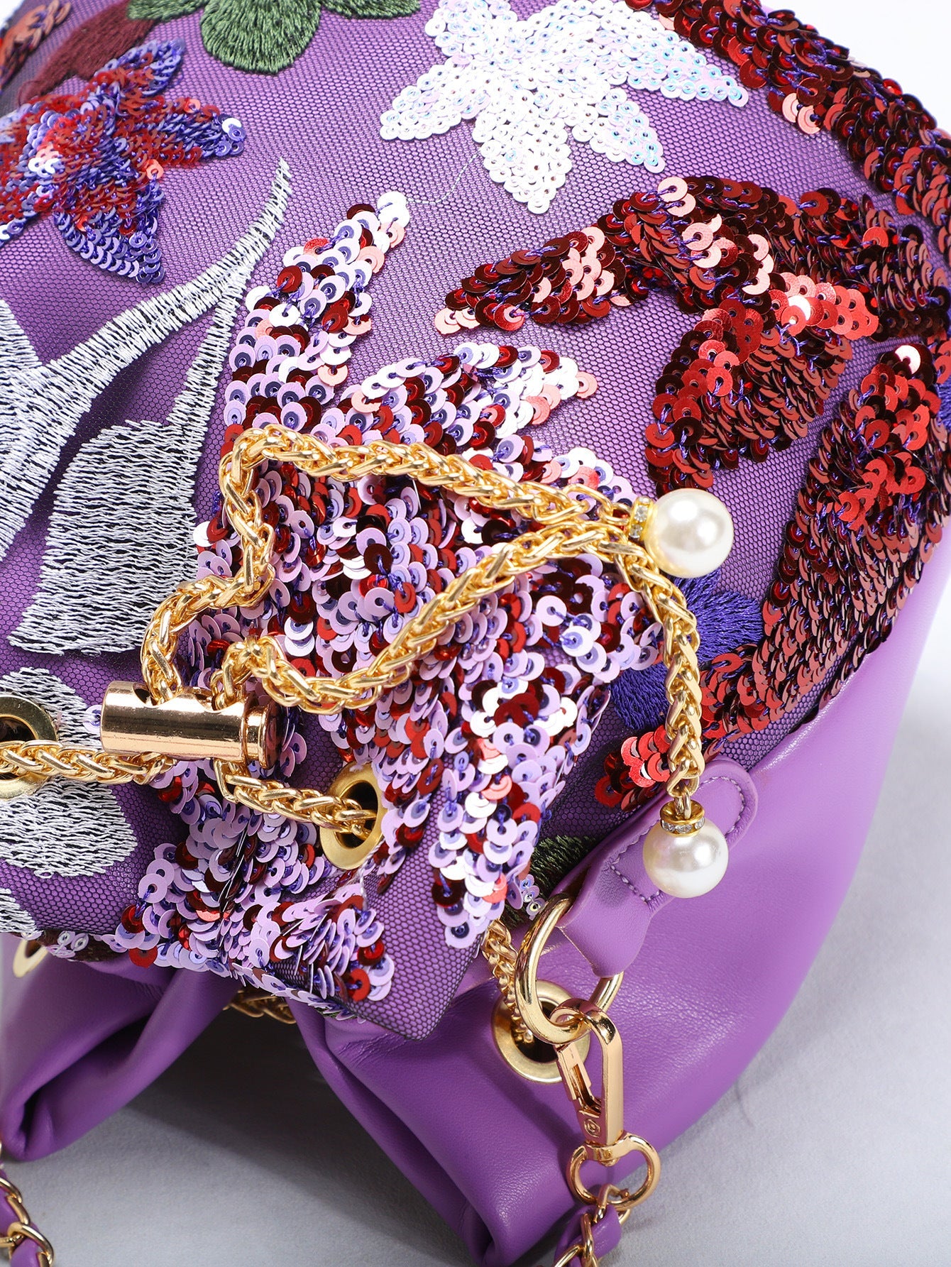 Elegant Floral Embroidered Sequin Mesh Color Block Bucket Bag