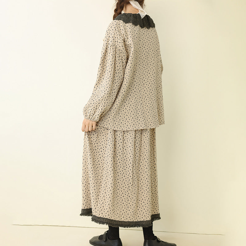 Artistic Vintage Floral Contrast Hem Skirt Casual Loose Set