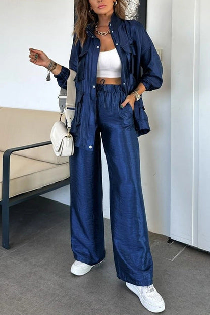 Fashionable Long Sleeve Solid Color Two-Piece Set with Straight-Leg Pants