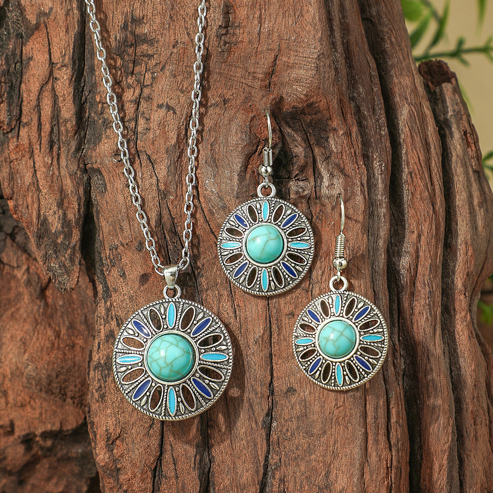 Bohemian Geometric Earrings and Necklace Set with Turquoise Accents
