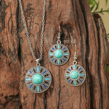 Bohemian Geometric Earrings and Necklace Set with Turquoise Accents