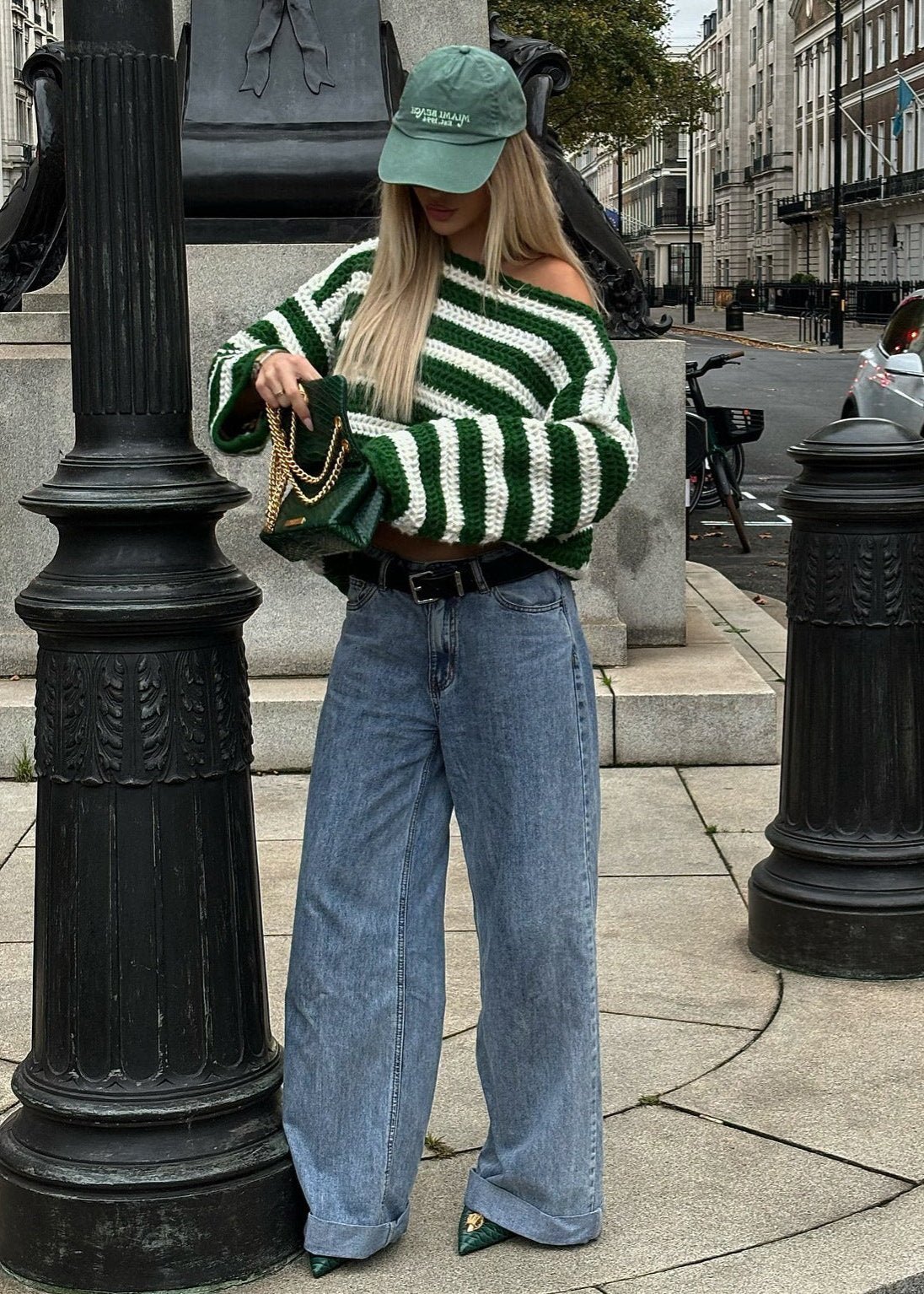 Striped Off Shoulder Knit Sweater In Green And White
