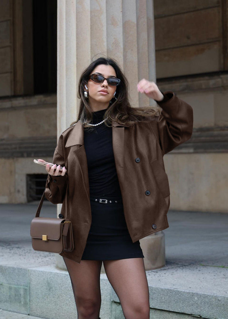 Oversized Double Breasted Jacket Brown High Quality