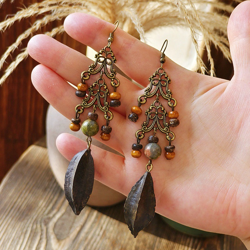 Vintage-Inspired Bohemian Hollow Bead Earrings with Natural Dried Fruits