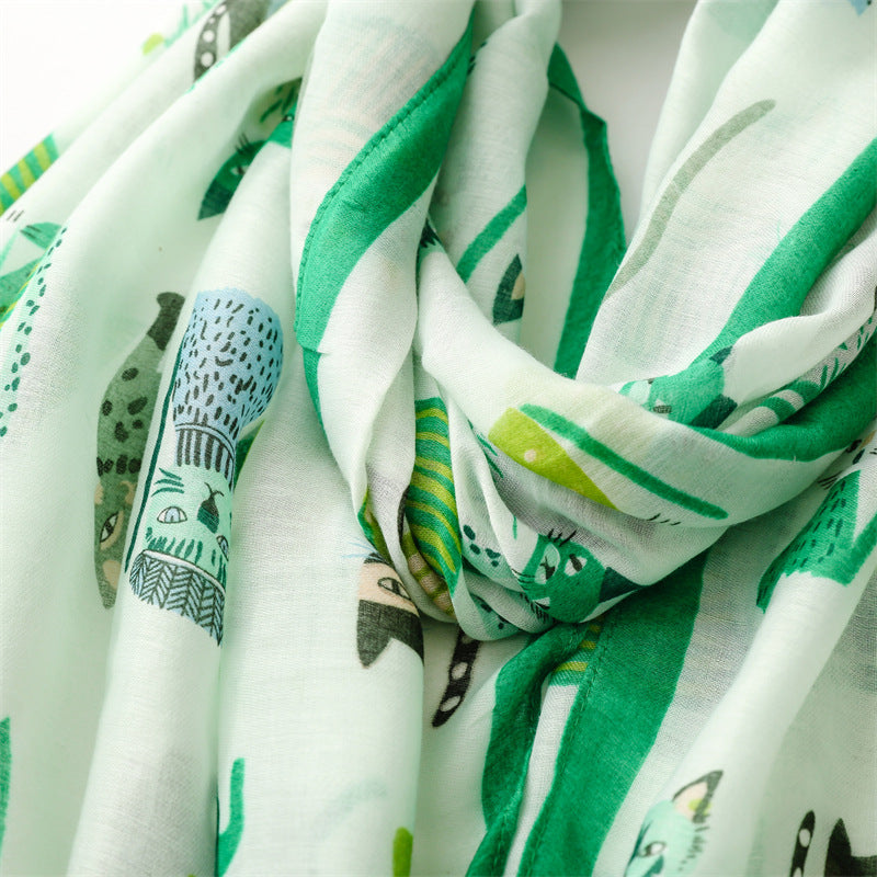 Spring And Autumn Sunscreen Cute Cat Paradise Printed Silk Scarf Satin Cotton Long Scarf