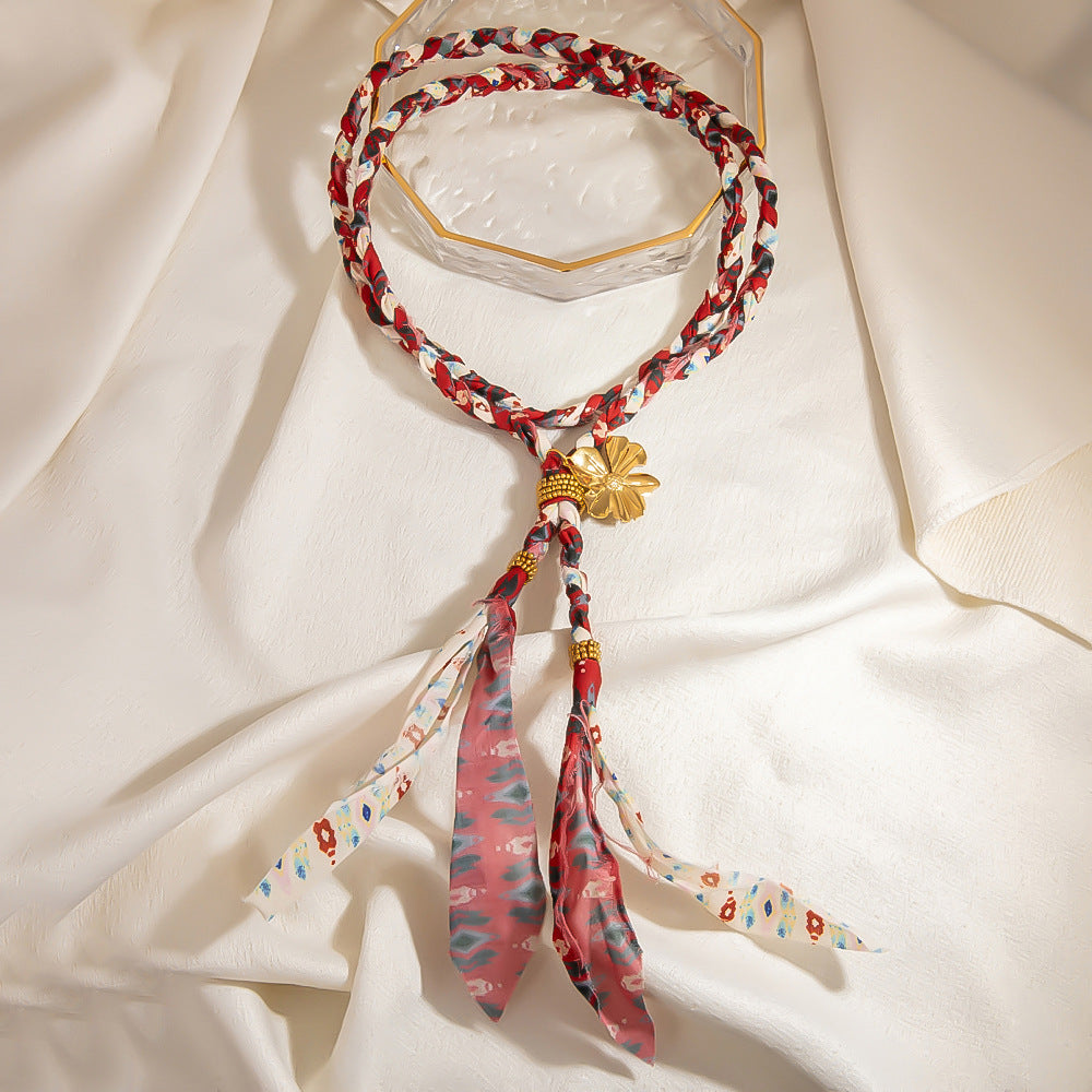 Handmade Floral Print Necklace with Silk Scarf