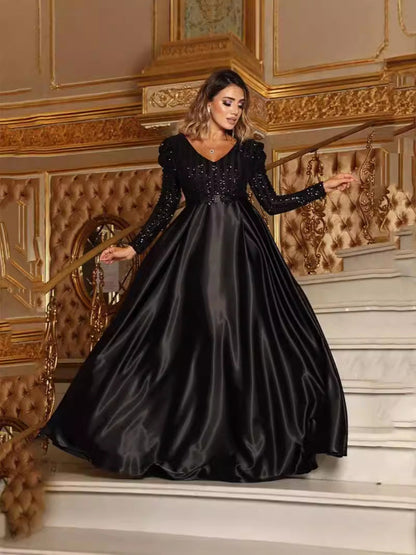 Deep V Neck A-Line Maxi Dress With Train For Evening Parties