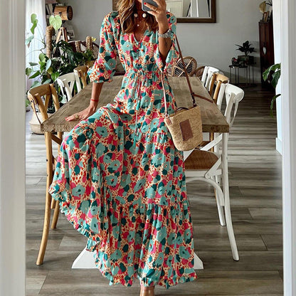 Women'S Fashion V-Neck Long Sleeves Printed Loose Mid-Length Dress