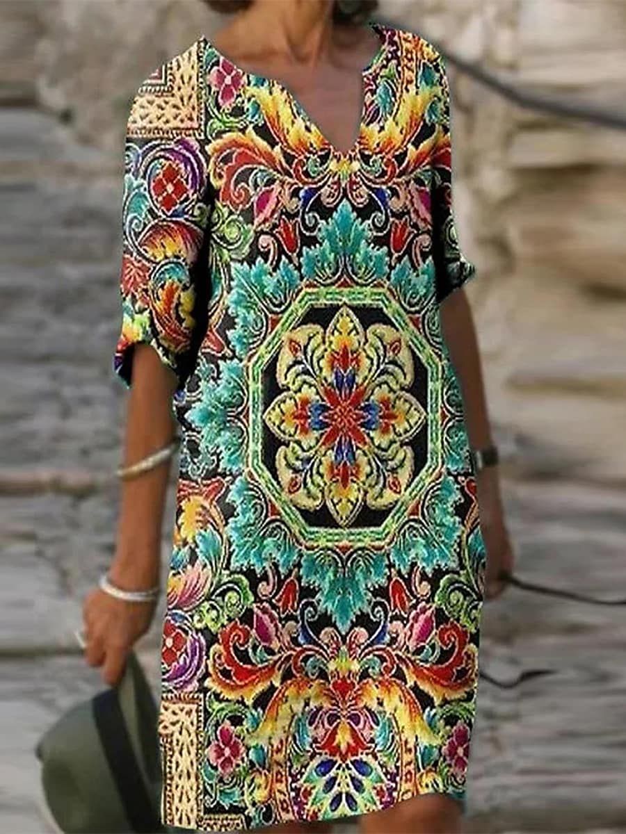 Abstract Print V-Neck A-Line Dress Comfortable Casual Fashion