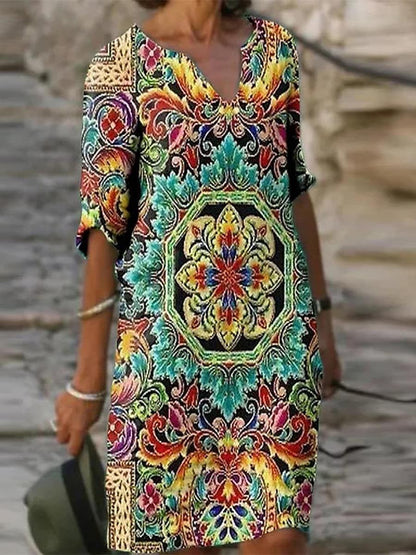 Abstract Print V-Neck A-Line Dress Comfortable Casual Fashion