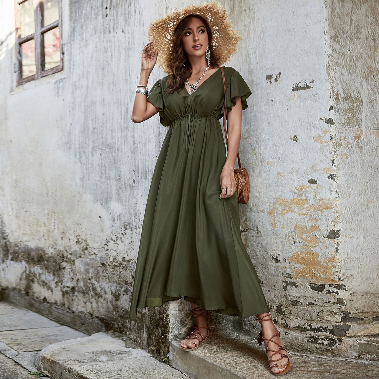 V-Neck High Waisted Slim Open Back Dress