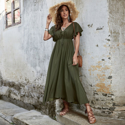 V-Neck High Waisted Slim Open Back Dress