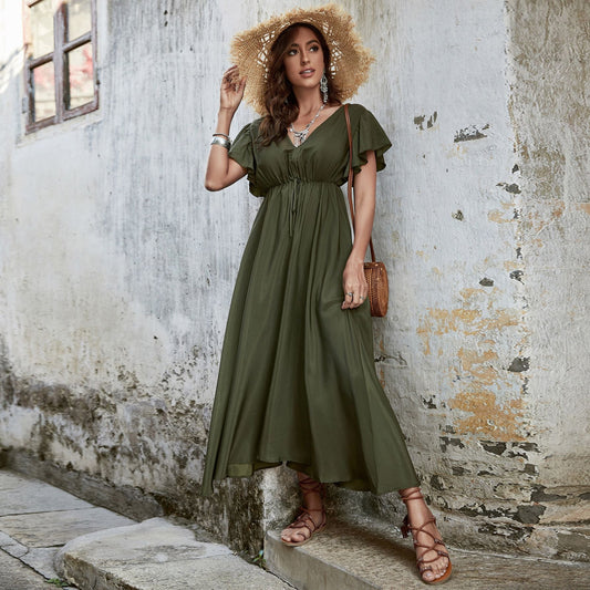 V-Neck High Waisted Slim Open Back Dress