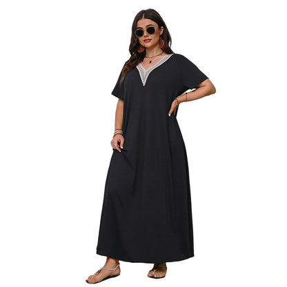 Plus Size V-Neck A-Line Dress Elegant Casual Black Dress