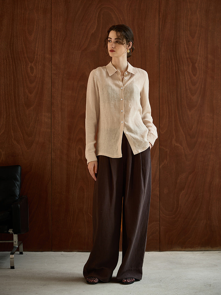 Relaxed Fit Solid Color Linen Shirt For Women