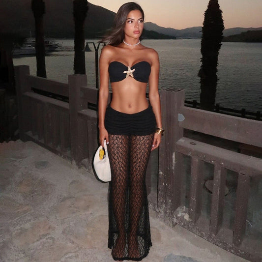 Sexy Strapless Lace Maxi Dress Two-Piece Set