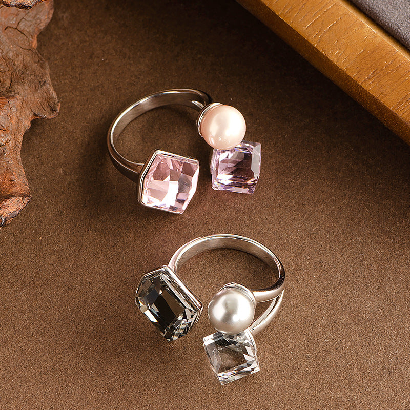Fashionable Square Crystal Pearl Adjustable Ring For Couples