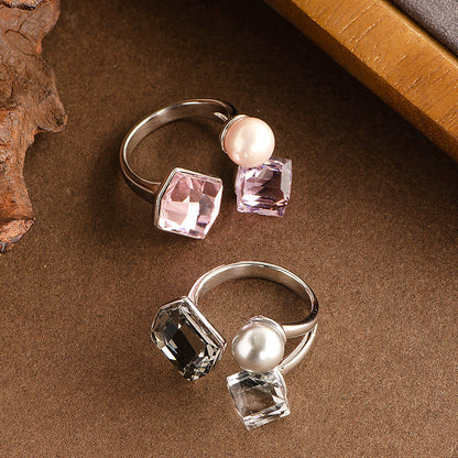 Fashionable Square Crystal Pearl Adjustable Ring For Couples