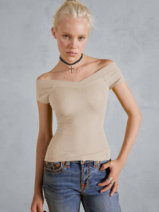 Y2K Solid Color V-Neck Knit T-Shirt for Women
