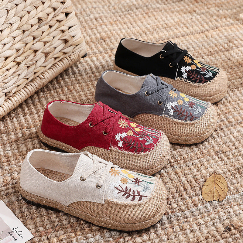 New Ethnic Style Women'S Shoes Dandelion Embroidered Linen Shoes Cow Tendon Bottom Hand-Stitched Top Lace-Up Cloth Shoes
