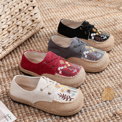 New Ethnic Style Women'S Shoes Dandelion Embroidered Linen Shoes Cow Tendon Bottom Hand-Stitched Top Lace-Up Cloth Shoes