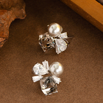 Elegant French Style Colorful Geometric Zircon Pearl Stud Earrings For Women