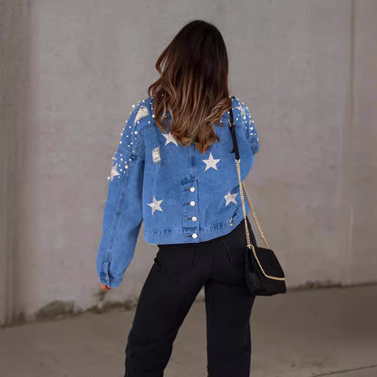 Fashionable Plus Size Denim Jacket with Beaded Details