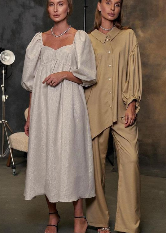 Linen Maxi Dress With Puff Sleeves And Square Neckline