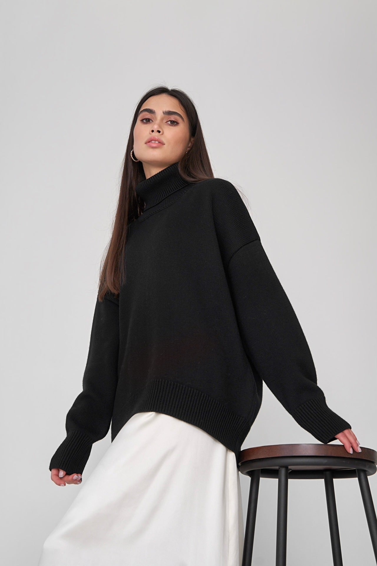 High Collar Loose Solid Color Sweater