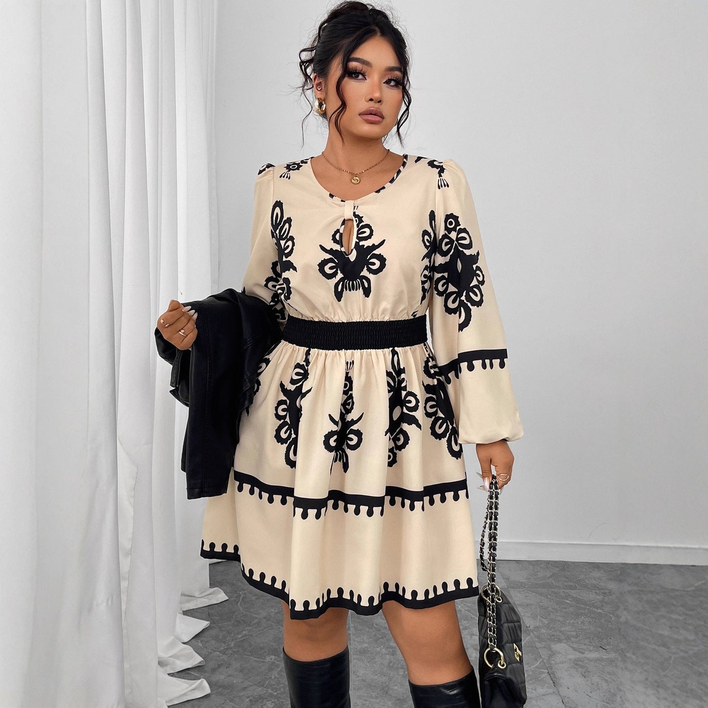 Elegant High Waist Long Sleeve Dress With Floral Print