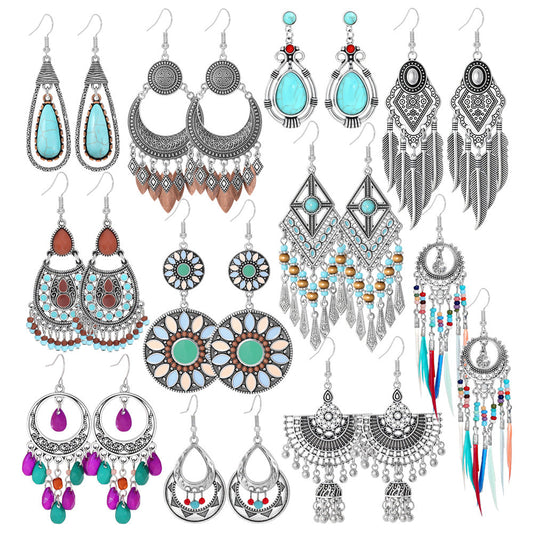 Bohemian Geometric Tassel Earrings Set Vintage Court Style