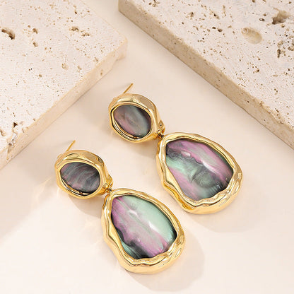 Vintage Irregular Oval Resin Drop Earrings For Women Stylish Elegant Silver Needle