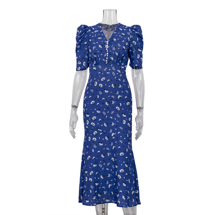 French Floral Printed Summer High Waist Maxi Dress