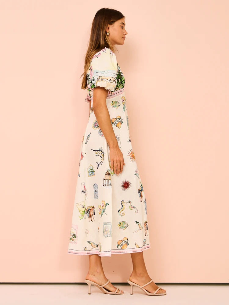 Elegant Floral Print Linen Midi Dress with Puff Sleeves