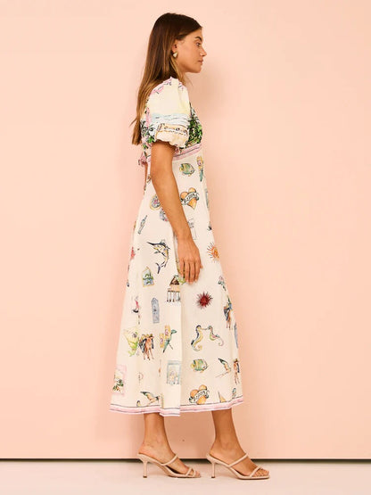 Elegant Floral Print Linen Midi Dress with Puff Sleeves