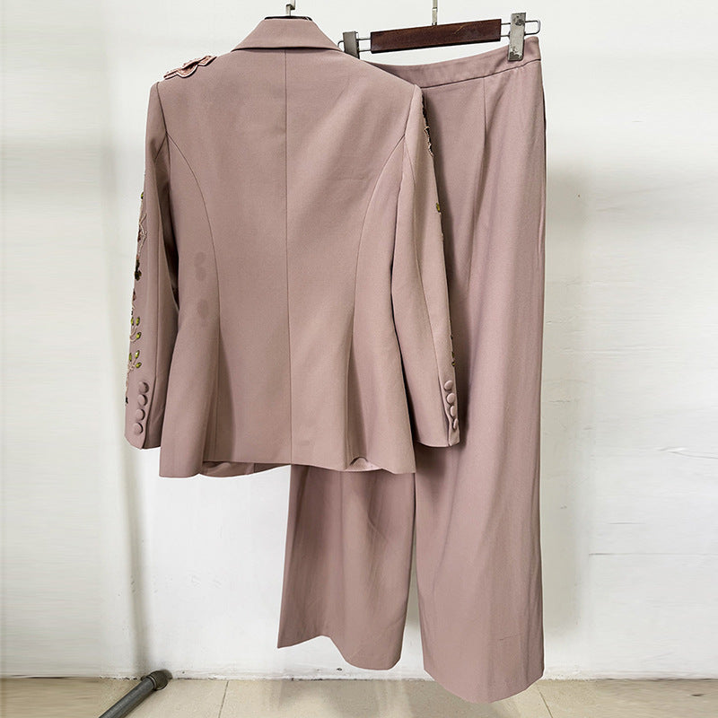 Fashionable Beaded Floral Jacket And Wide-Leg Pant Set