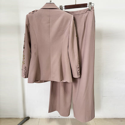 Fashionable Beaded Floral Jacket And Wide-Leg Pant Set