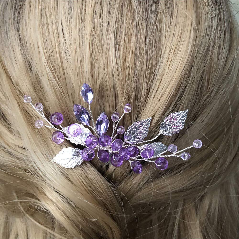 Purple Crystal Silver Alloy Leaf Hair Comb Wedding Bridal Hairpiece
