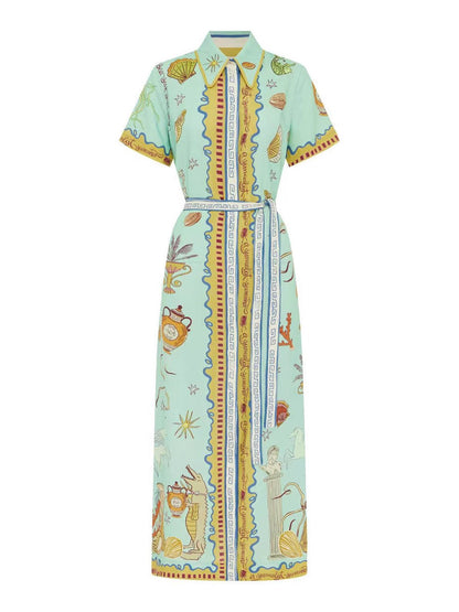 Casual Doodle Pattern Lantern Sleeve Cardigan Dress