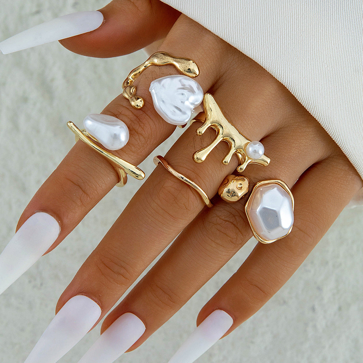 Stylish Geometric Pearl Ring Set Alloy Adjustable Fashion Ring