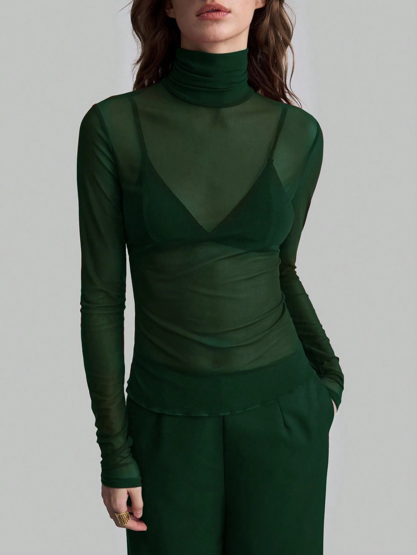 Mesh High Neck Long Sleeve Sheer Blouse