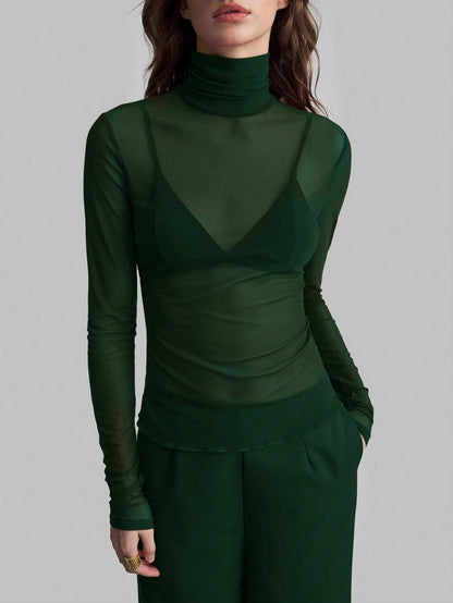 Mesh High Neck Long Sleeve Sheer Blouse