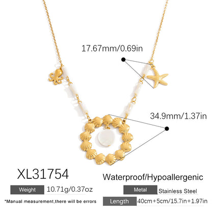 Ocean-Inspired Stainless Steel Seashell Necklace with Crystals
